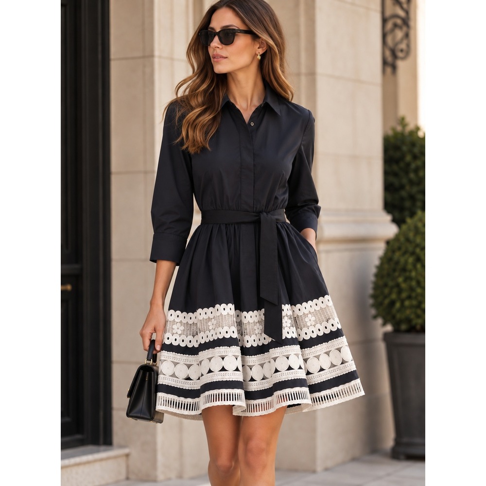 Maje Ramona Shirt Dress Womens 2 Medium Navy Blue Lace Trim Belted Poplin Luxury